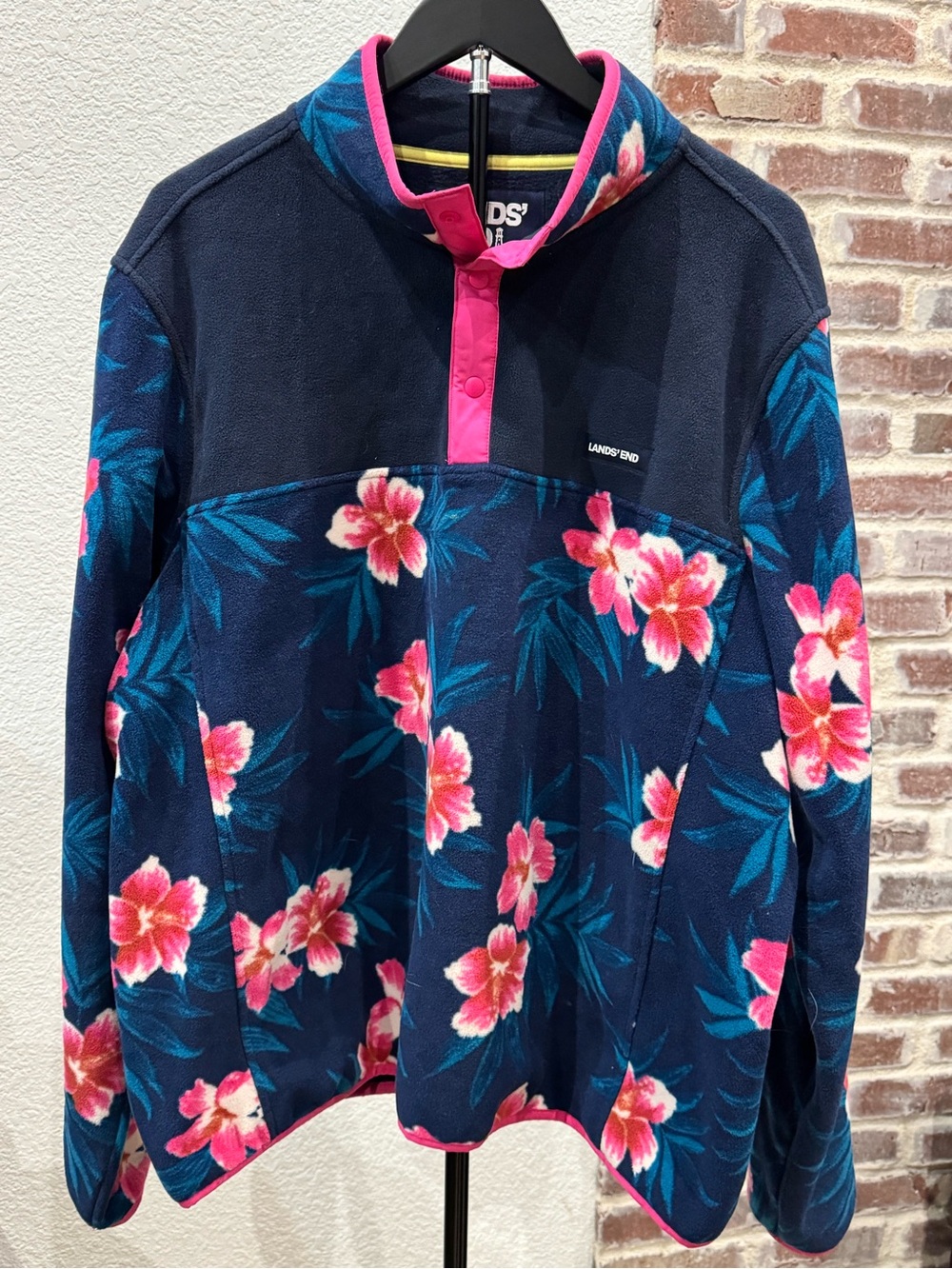 Lands' End Navy & Pink Floral Fleece Pullover Sweater 3/4 Snap - Size XL 46-48